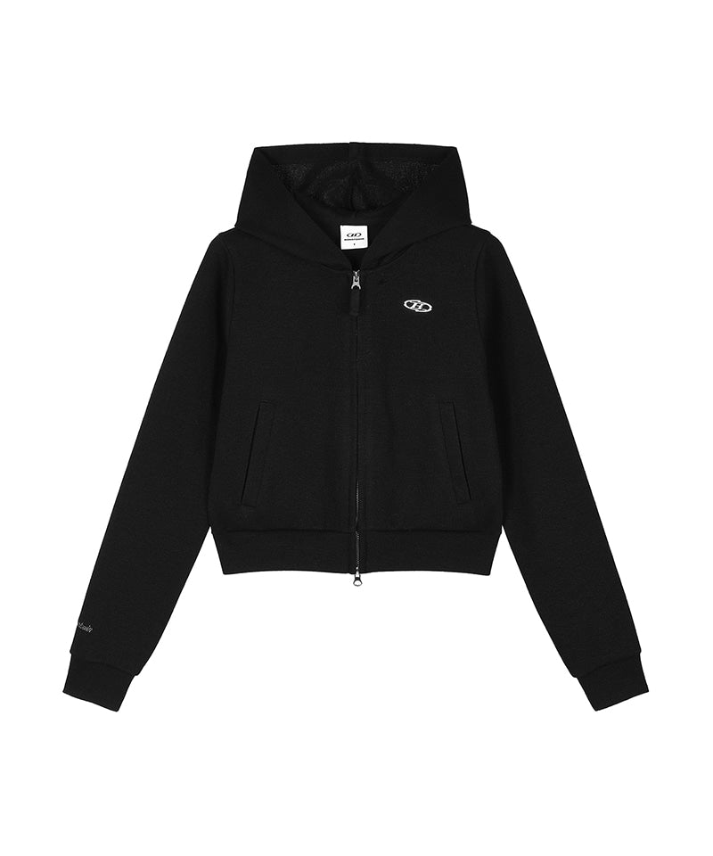 【予約販売：ご注文より1～3週間後に発送予定】W KNIT LIKE SEMI CROP HOODIE ZIP-UP [BLACK]