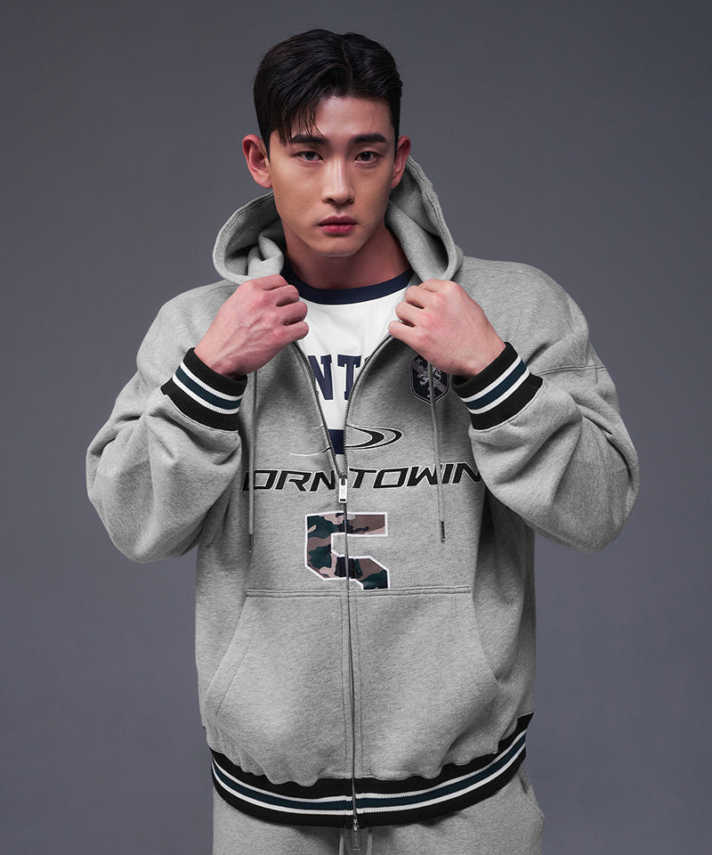 【韓国限定】NUMBER 5 RUGBY HOODIE ZIP-UP [MELANGE GREY]