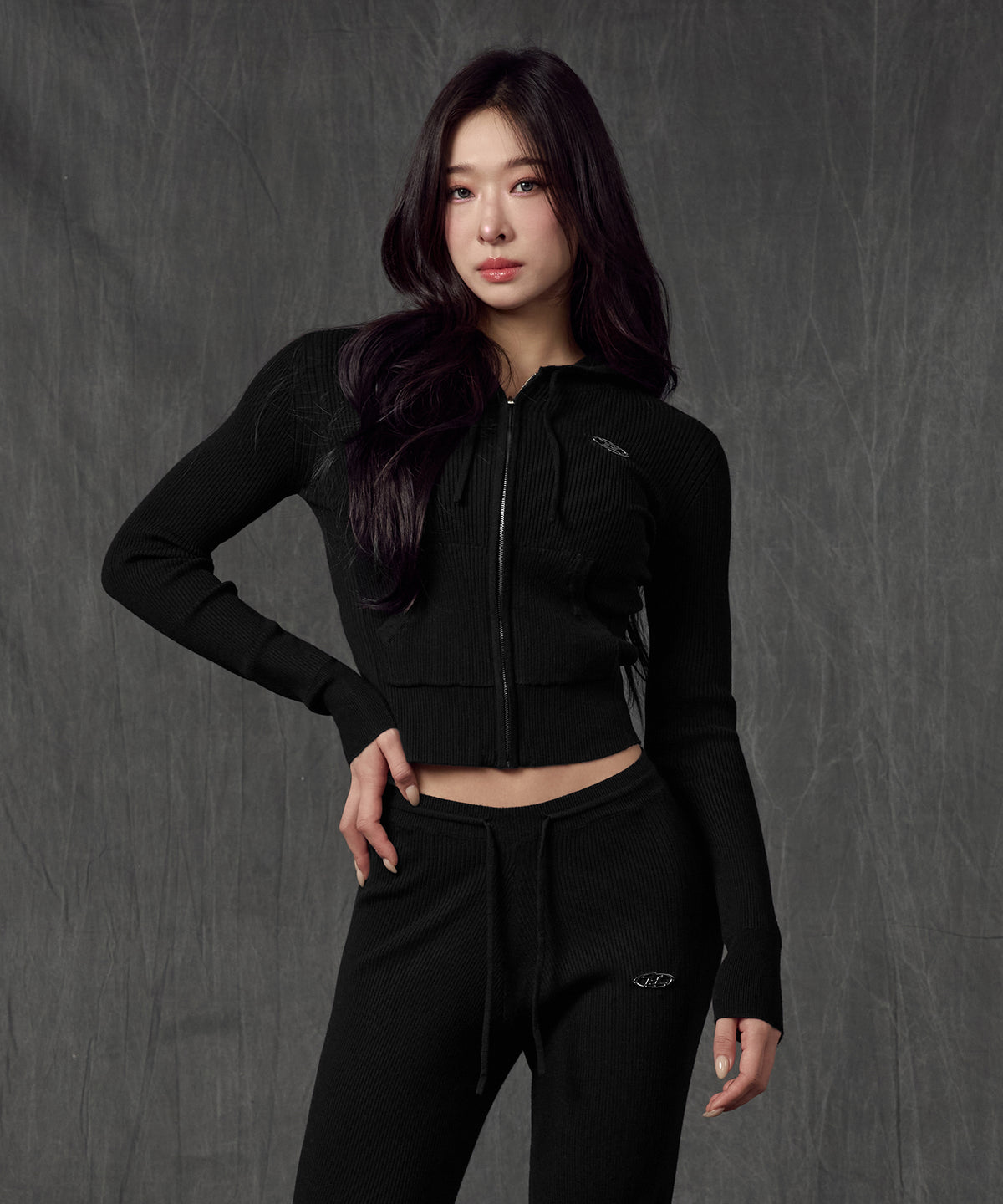 【韓国限定】W SYMBOL B RIBBED KNIT HOODIE ZIP-UP [BLACK]