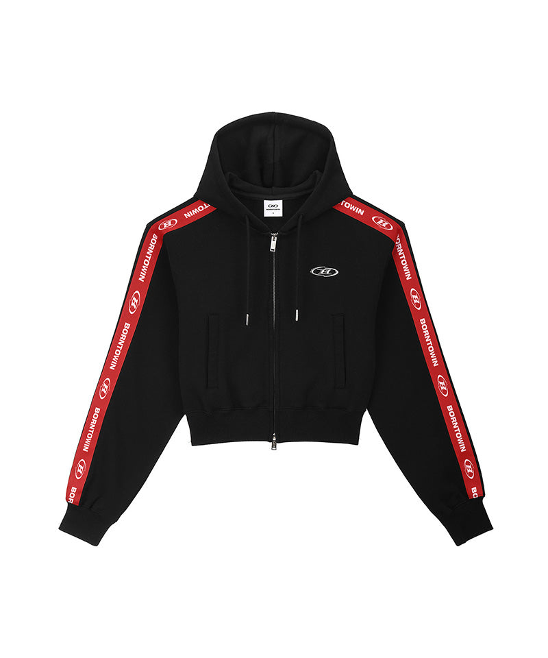 【予約販売：ご注文より1～3週間後に発送予定】W CHROME B RED LINE CROP HOODIE ZIP-UP [BLACK]