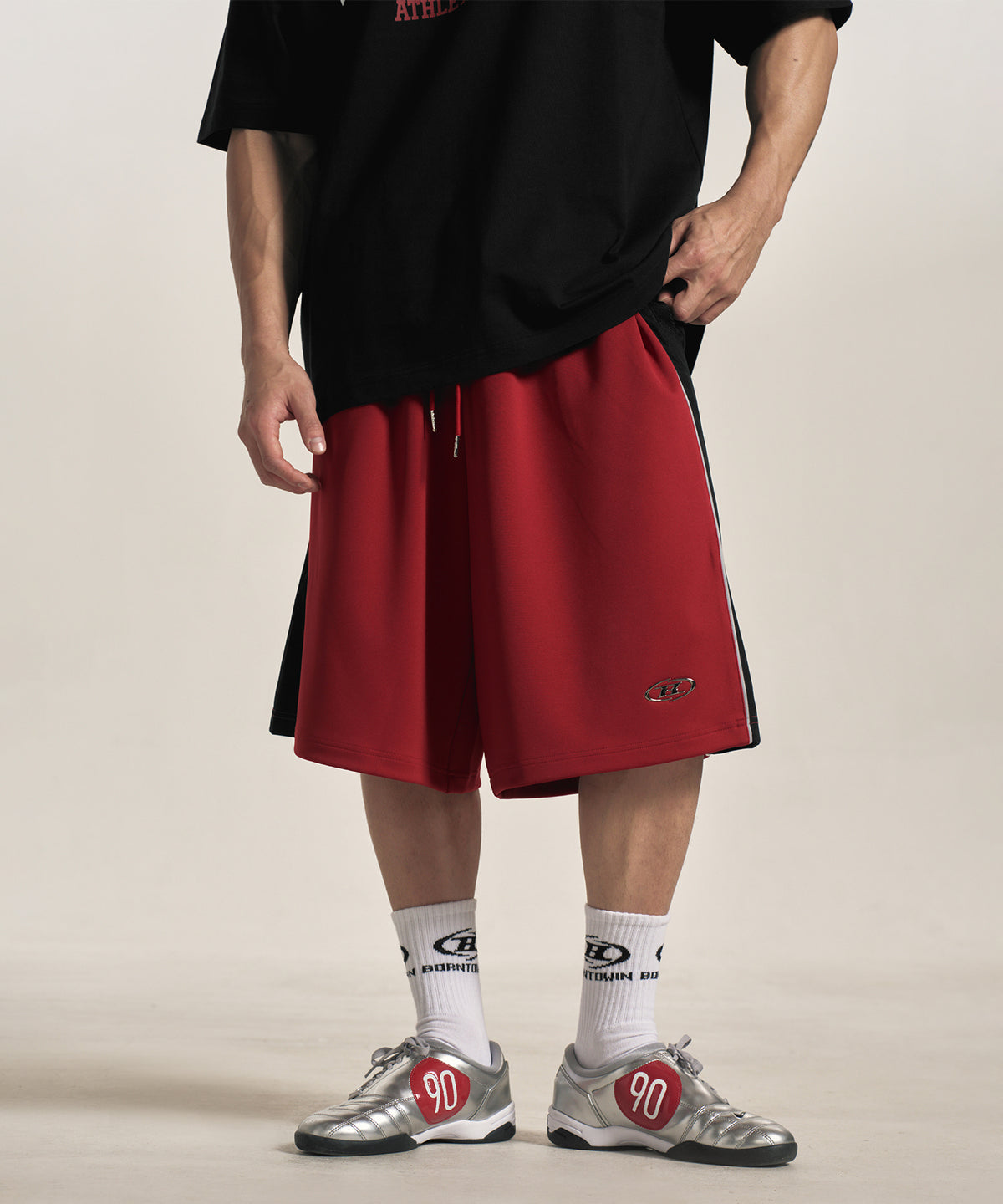 【韓国限定】SILVER B BLOCK MESH JERSEY BERMUDA PANTS [RED]