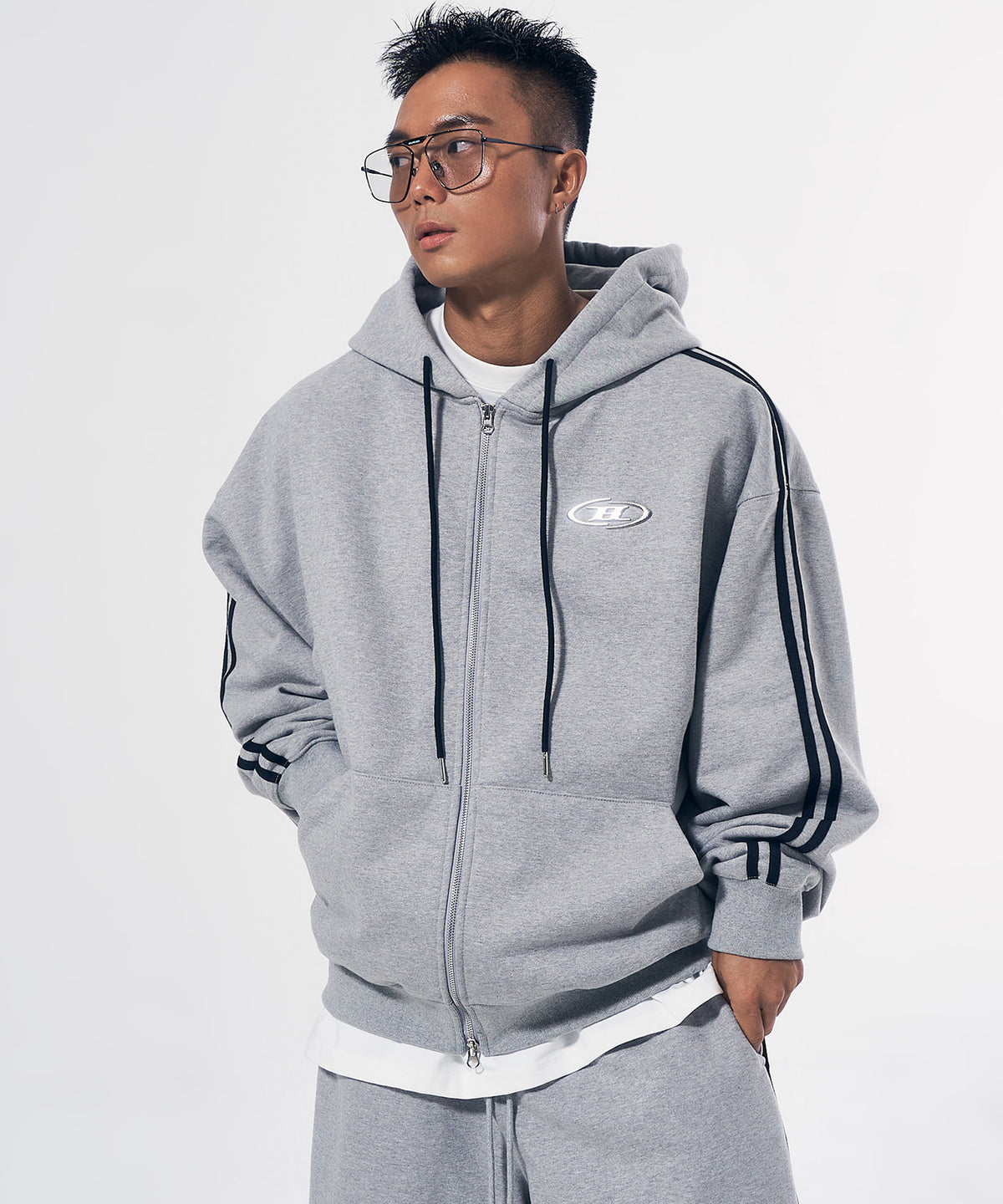 BIG CHROME B LOGO TRACK LINE ZIP-UP HOODIE [MELANGE GREY]