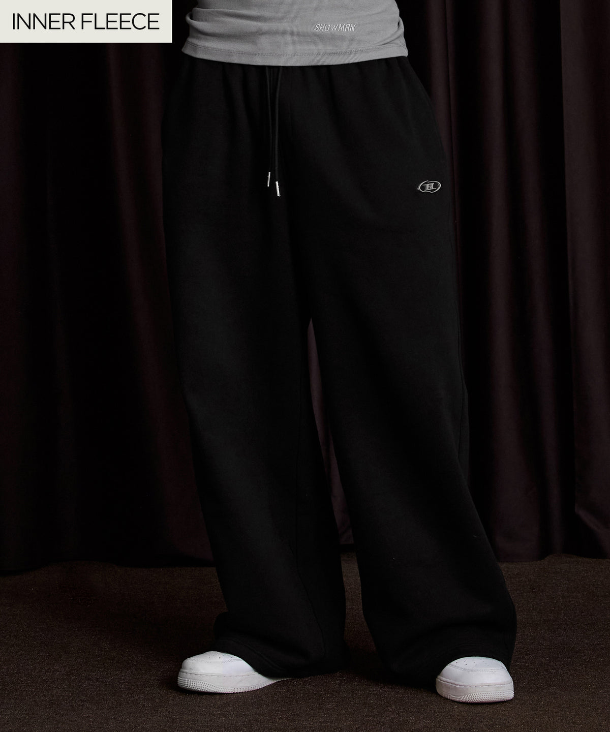 【韓国限定】CHROME B FLEECE SEMI WIDE PANTS [BLACK]