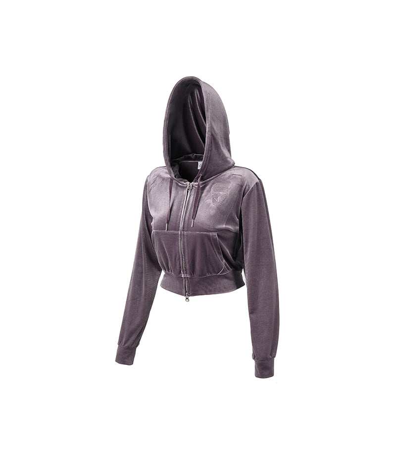 【予約販売：ご注文より1～3週間後に発送予定】 W DOUBLE B VELVET CROP HOODIE ZIP-UP [ASH PURPLE]