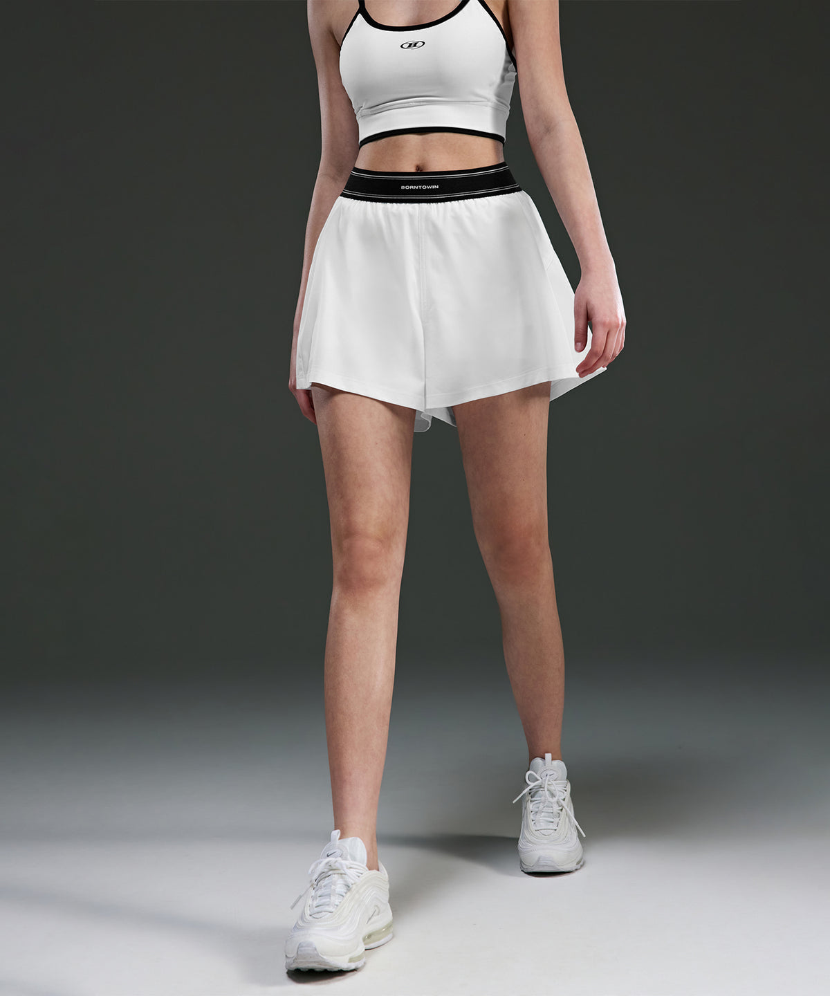 W DOUBLE LINE BAND FLARE SHORTS [WHITE]