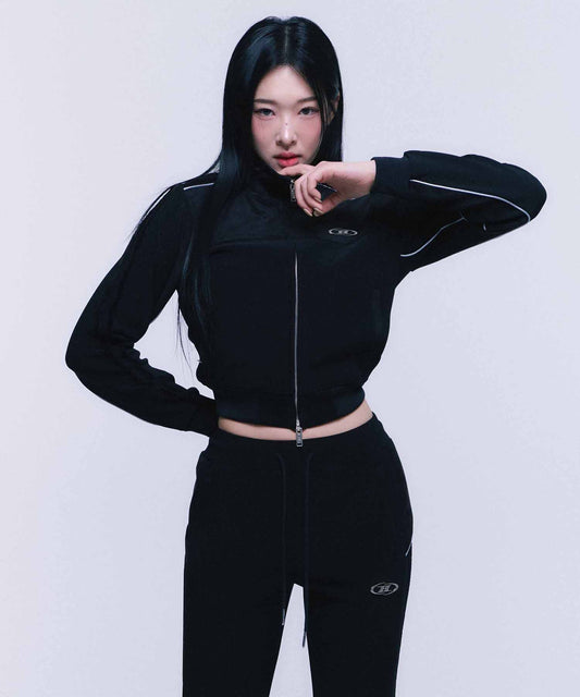 SUEDE SILVER LINE JERSEY CROP JACKET [BLACK]