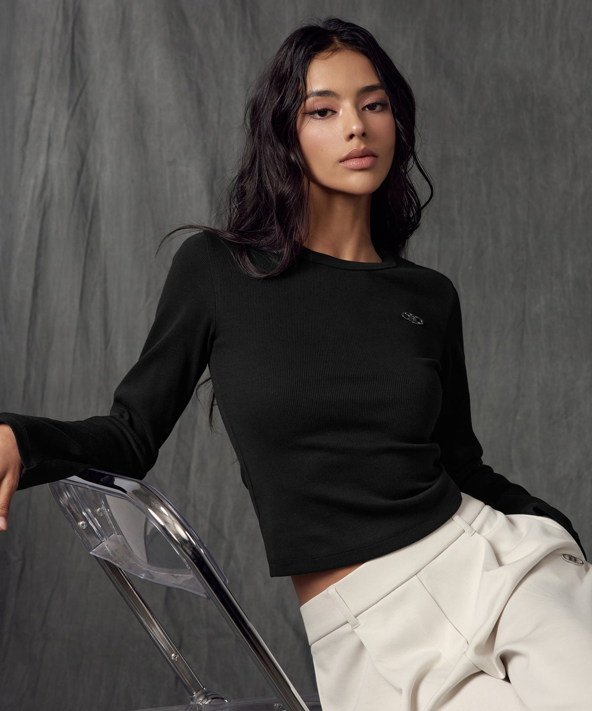 【韓国限定】W B PENDANT RIBBED LONG SLEEVE [BLACK]