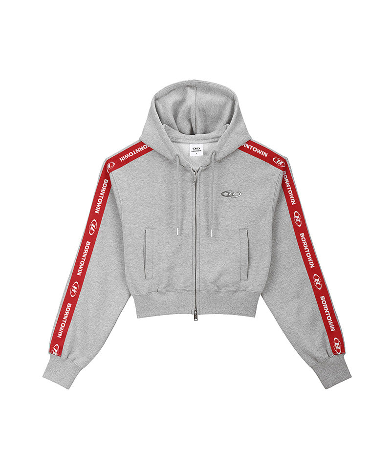 【韓国限定】W CHROME B RED LINE CROP HOODIE ZIP-UP [MELANGE GREY]