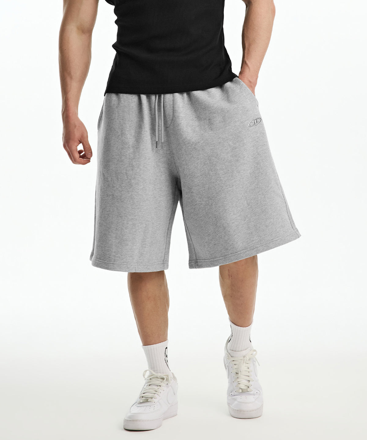 【韓国限定】CHROME B LOGO HALF PANTS LONG VER [MELANGE GREY]