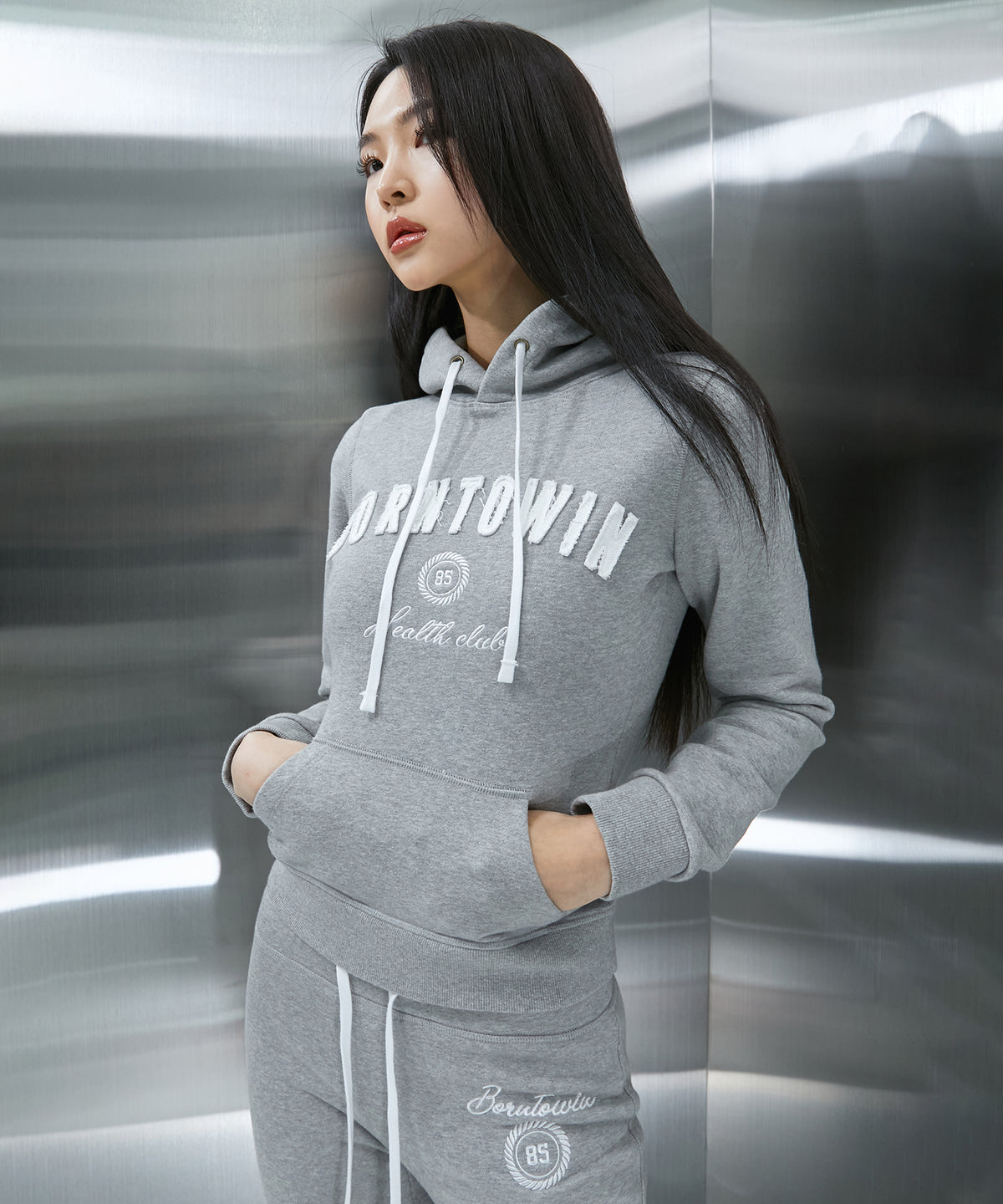 BORNTOWIN PATCH SLIM FIT HOODIE [MELANGE GREY]