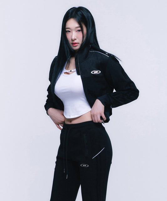 SUEDE SILVER LINE JERSEY CROP JACKET [BLACK]